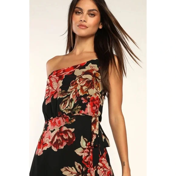 NWOT Lulus Divine Blooms Black Floral Print One-Shoulder Midi Wrap Dress Large - Picture 2 of 10